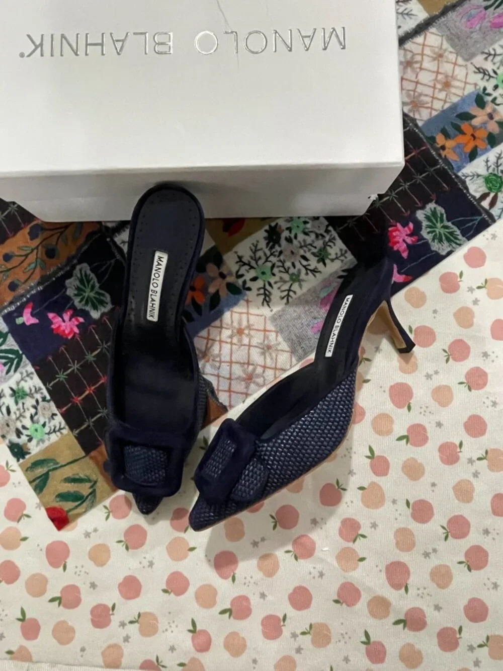 Manolo Blahnik Navy Woven Square-Buckle Mule Heels